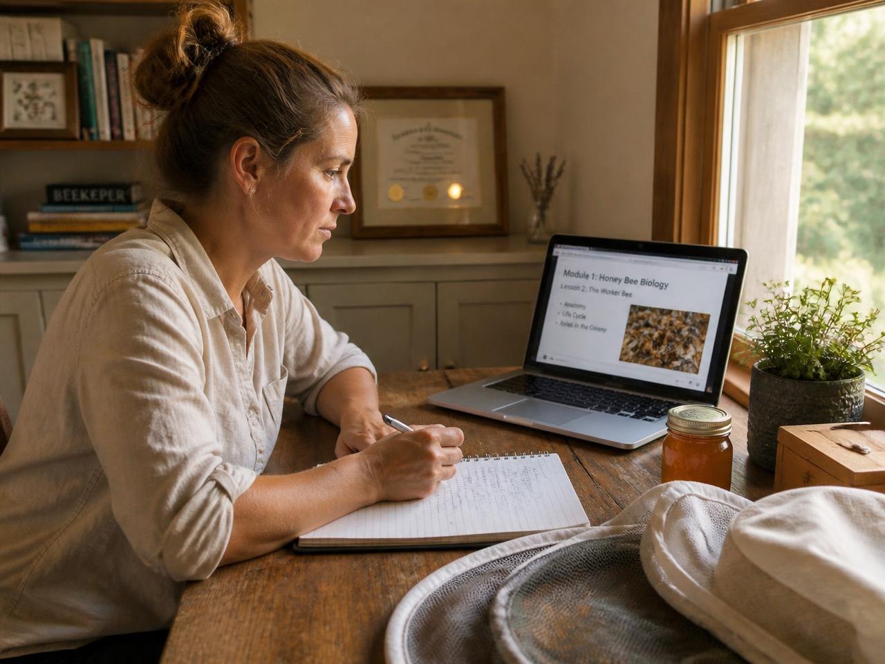 Beekeeper taking an online ApiaryPilot Academy lesson on her laptop